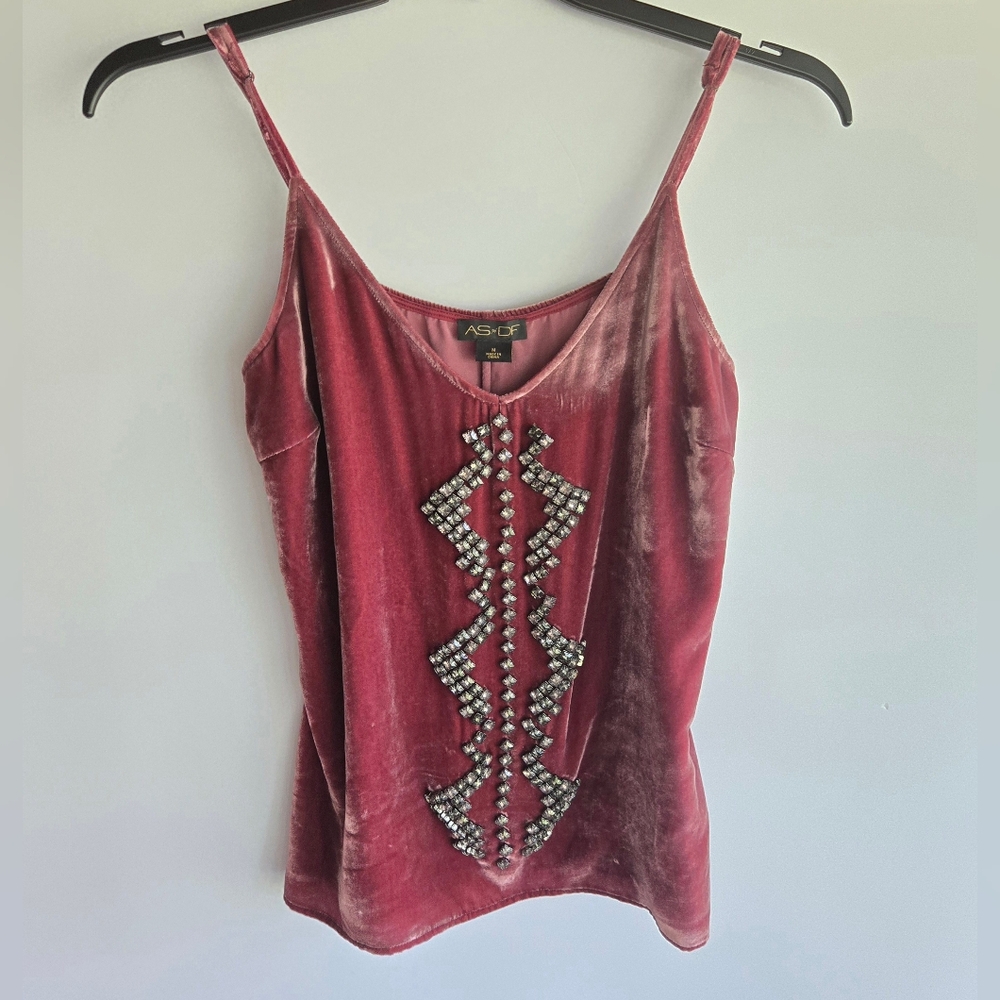 AS by DF Mauve Crushed Velvet And Silk Tank Top With Rhinestones Size M